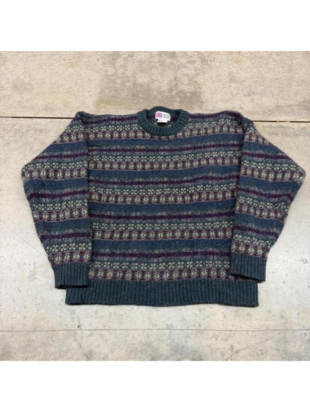 vintage green beige and purple striped knit sweater size xl WOMENS
